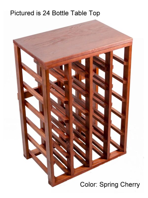 A wooden wine rack with many racks on top of it.