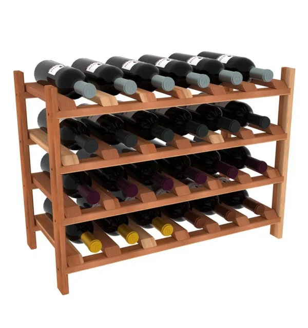 A wooden wine rack with many bottles of wine.