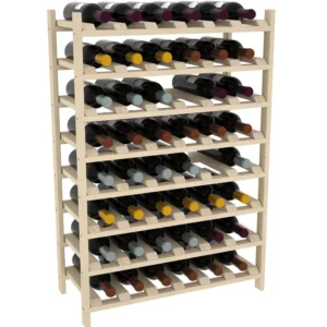 A wooden wine rack with many bottles of wine.