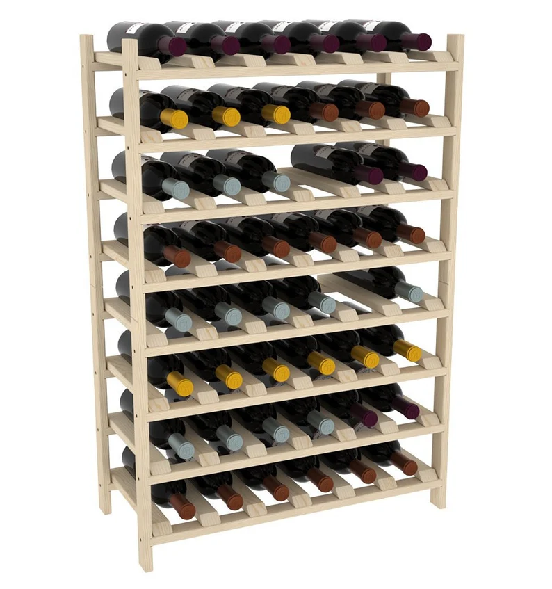 A wooden wine rack with many bottles of wine.