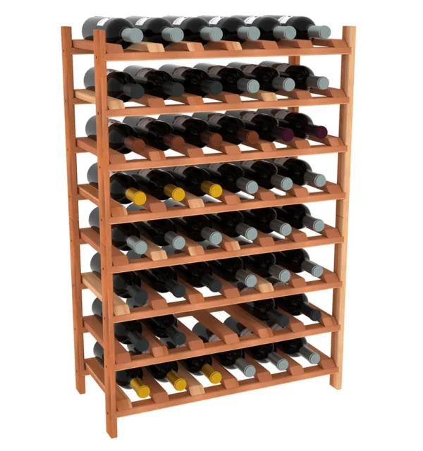 A wooden wine rack with many bottles of wine.