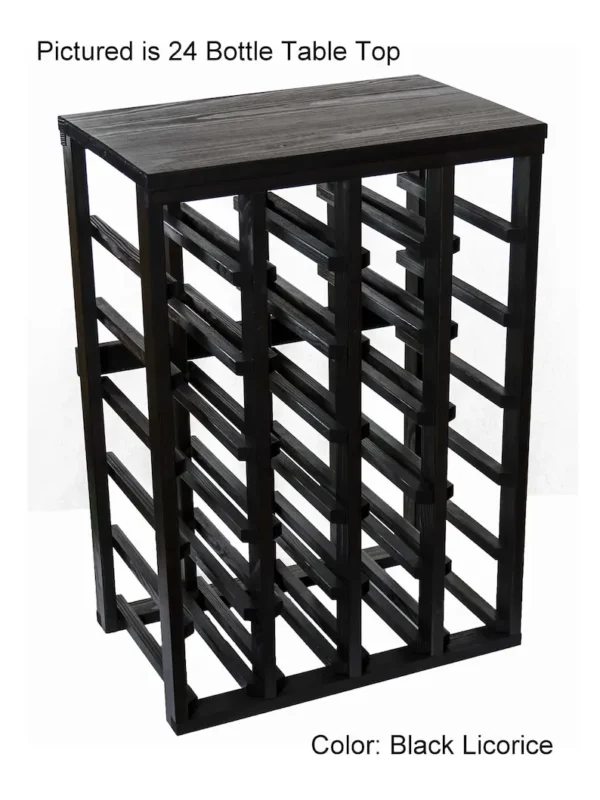 A black wine rack with 2 4 bottles of wine.