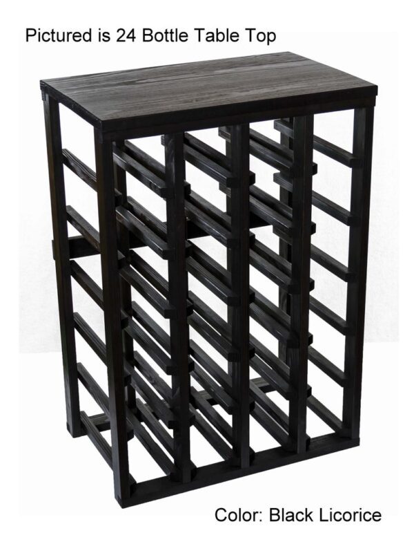 A black wooden wine rack with 2 4 bottles of wine.