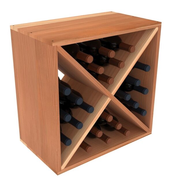 A wooden wine rack with many bottles of wine.