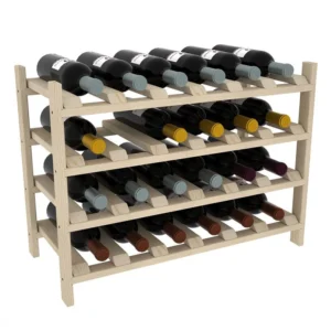 A wooden wine rack with many bottles of wine.