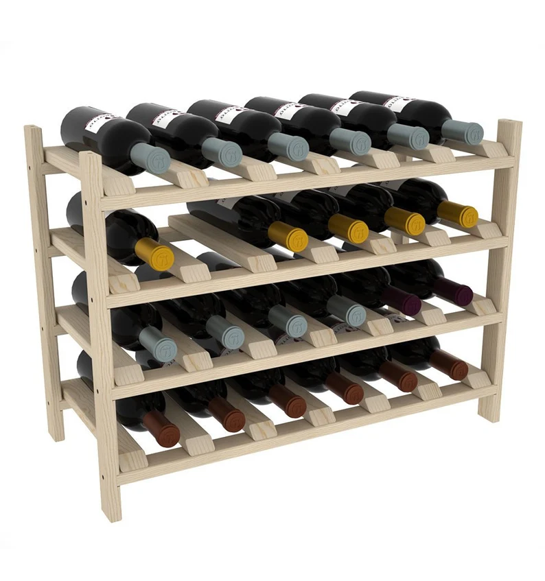 A wooden wine rack with many bottles of wine.