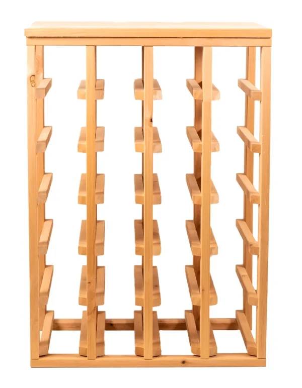 A wooden wine rack with many levels and four rows.