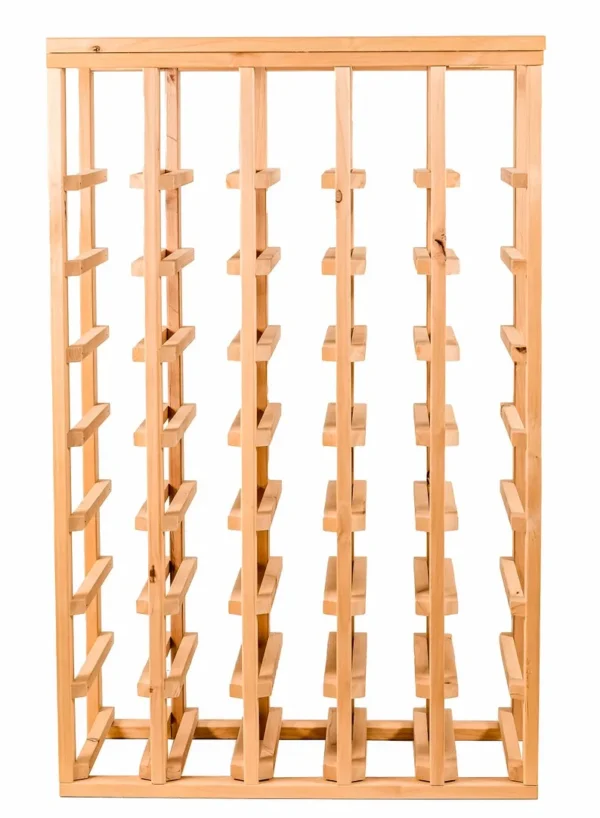 A tall wooden wine rack with many racks.