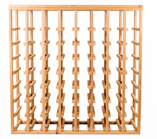 A wooden wine rack with many bottles of wine.